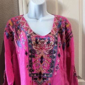 Johnny Was Pink Embroidered Blouse